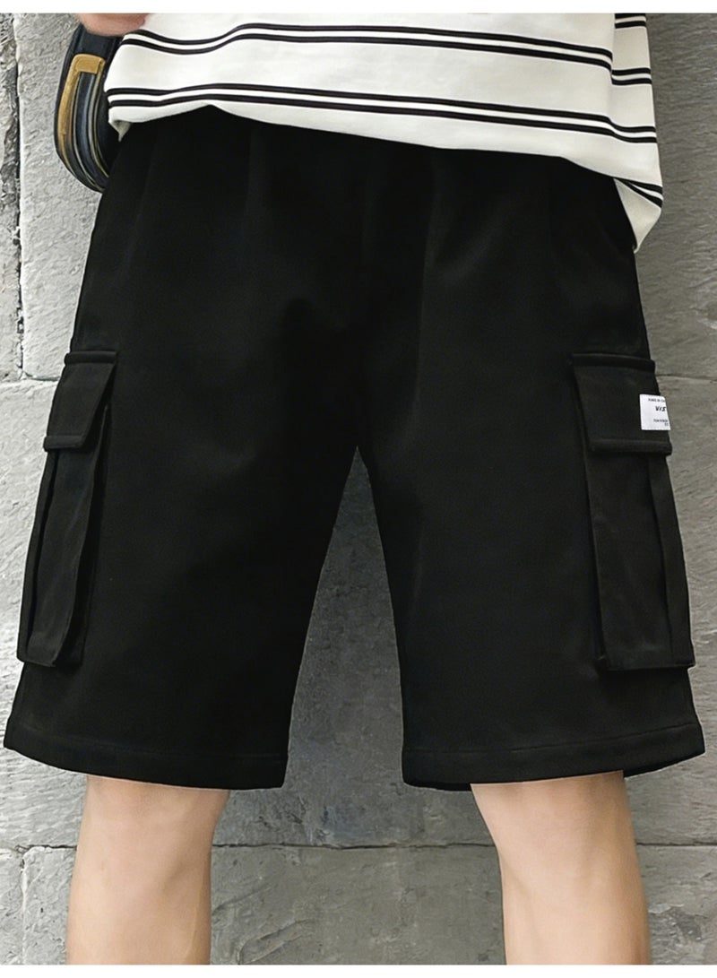 Men's Black Casual Cargo Shorts Elastic Waist Drawstring Relaxed Fit Half Pants with Pockets - Image 3
